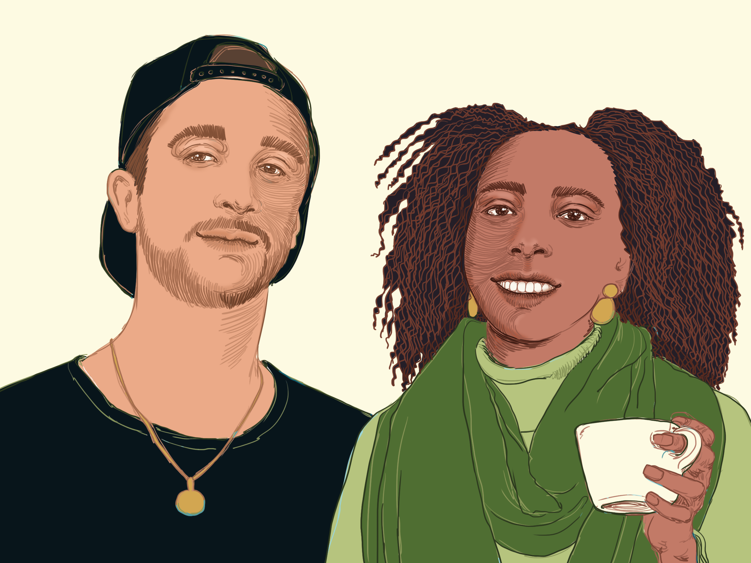 Two people standing side by side, one wearing a dark shirt and cap with a gold pendant necklace, the other with long curly hair, a green scarf, and holding a white coffee cup. The background is a soft cream color, creating a warm and inviting atmosphere. The illustration style is gentle and friendly, suggesting a relaxed and pleasant mood. No visible text in the image.